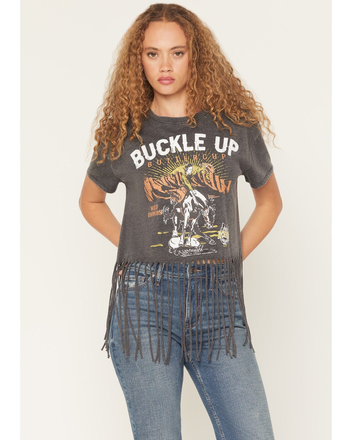 Blended Women's Buckle Up Fringe Short Sleeve Graphic Tee, Charcoal, hi-res