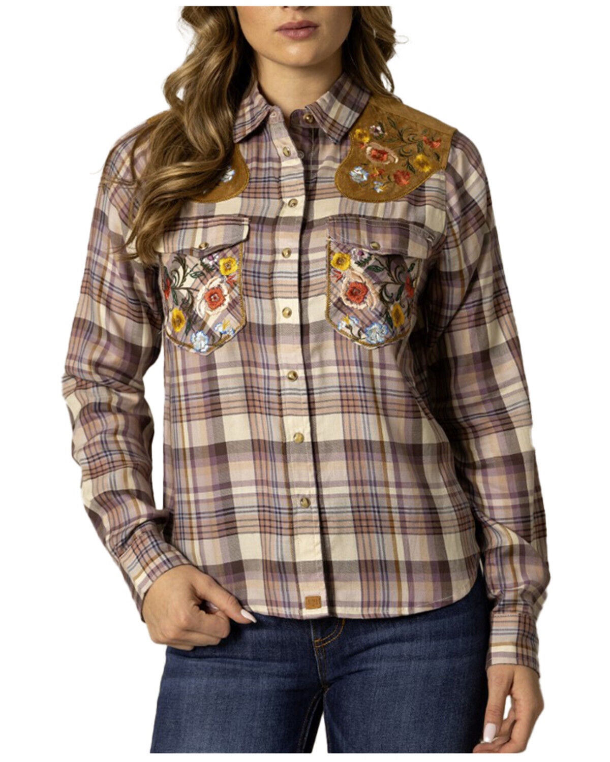 Kimes Ranch Women's Bailey Floral Embroidered Plaid Print Long Sleeve Snap Western Shirt, Brown, hi-res
