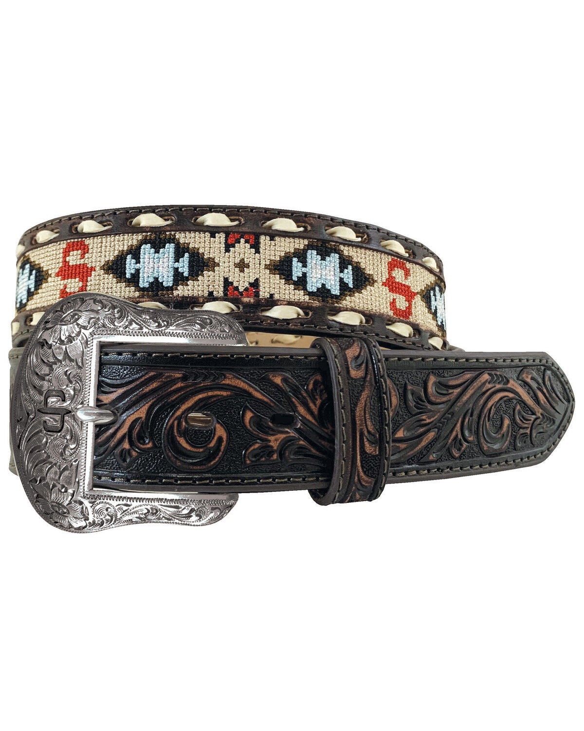 Stetson Men's Southwestern Tooled Leather Belt, Dark Brown, hi-res