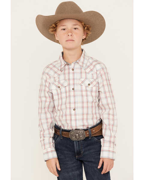Image #1 - Cody James Boys' Plaid Print Long Sleeve Snap Western Shirt, White, hi-res