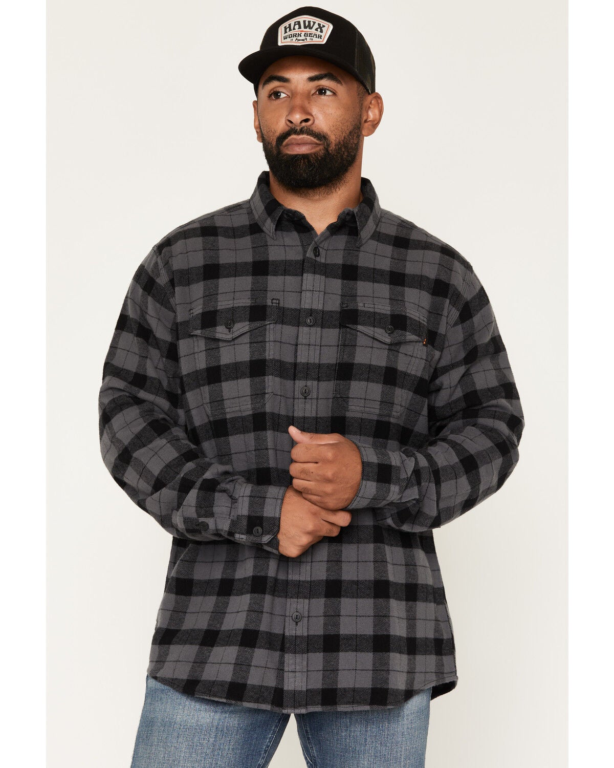 Hawx Men's Outlaw Plaid Print Long Sleeve Button-Down Flannel Work Shirt, Grey, hi-res