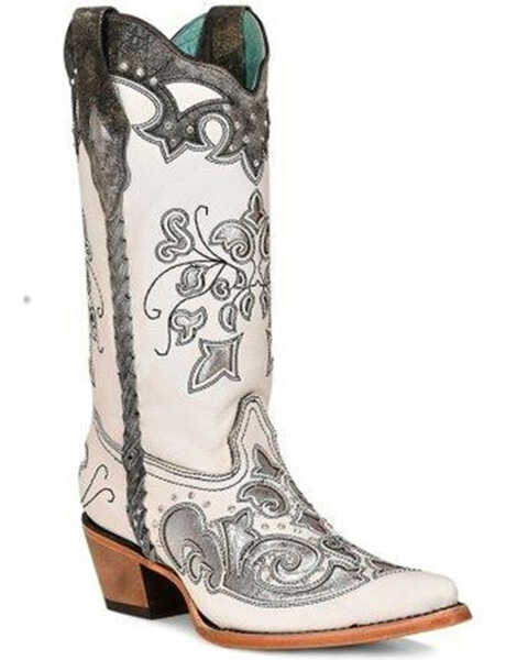 Corral Women's Floral Inlay Western Boots - Pointed Toe, White, hi-res