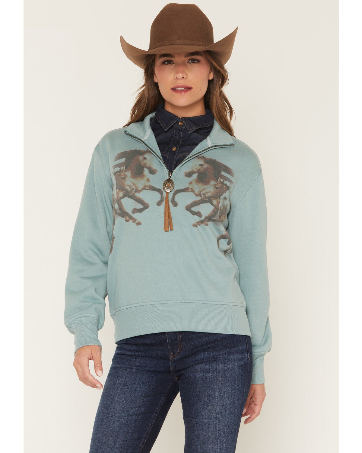 Image #1 - Shyanne Women's Double Horse 1/2 Zip Pullover, Aqua, hi-res