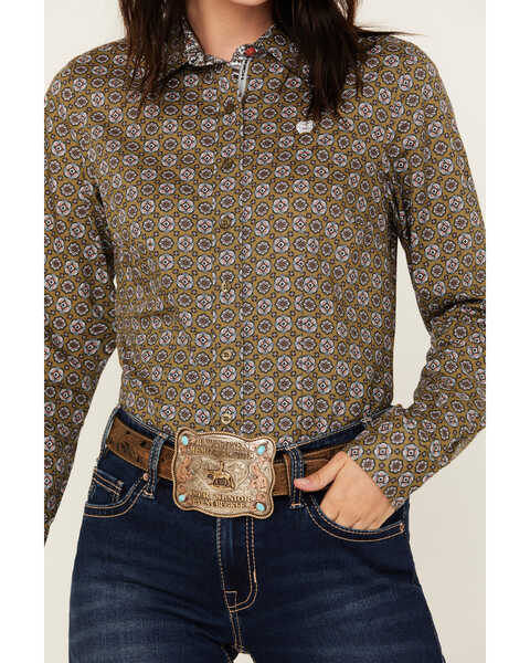 Image #3 - Cinch Women's Medallion Print Long Sleeve Button-Down Western Core Shirt , Olive, hi-res