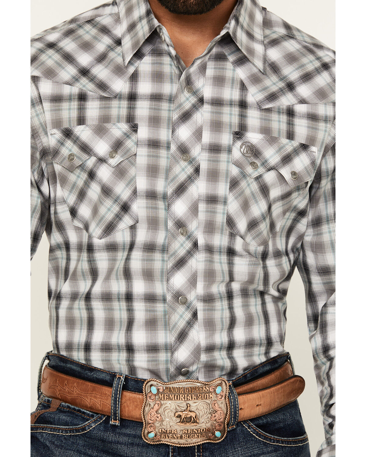 Image #3 - Wrangler Retro Men's Plaid Print Long Sleeve Snap Western Shirt, Grey, hi-res