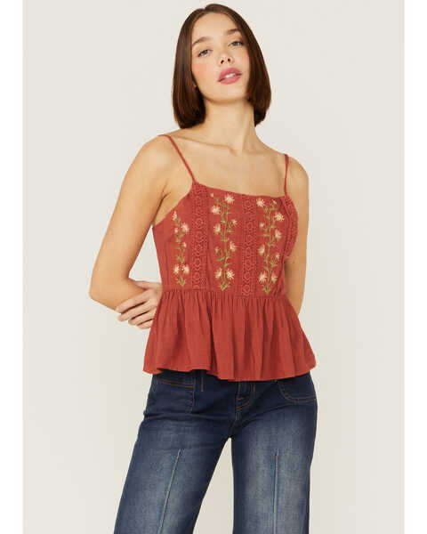 Image #1 - Patrons of Peace Women's Margo Embroidered Spaghetti Strap Tank, Rust Copper, hi-res