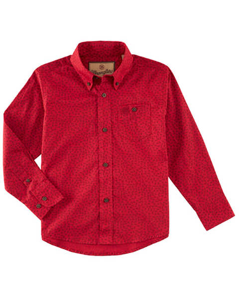 Wrangler Boys' Geo Print Long Sleeve Button-Down Western Shirt, Red, hi-res