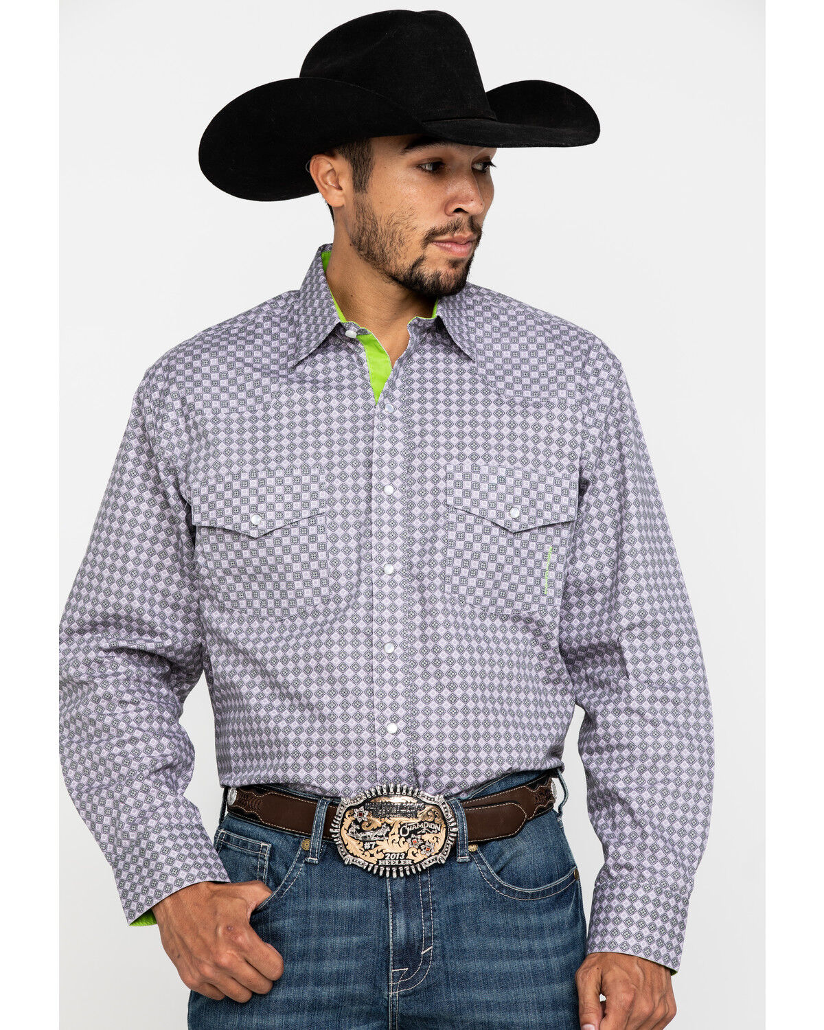Image #1 - Resistol Men's Gray Clewiston Geo Print Long Sleeve Western Shirt, Grey, hi-res