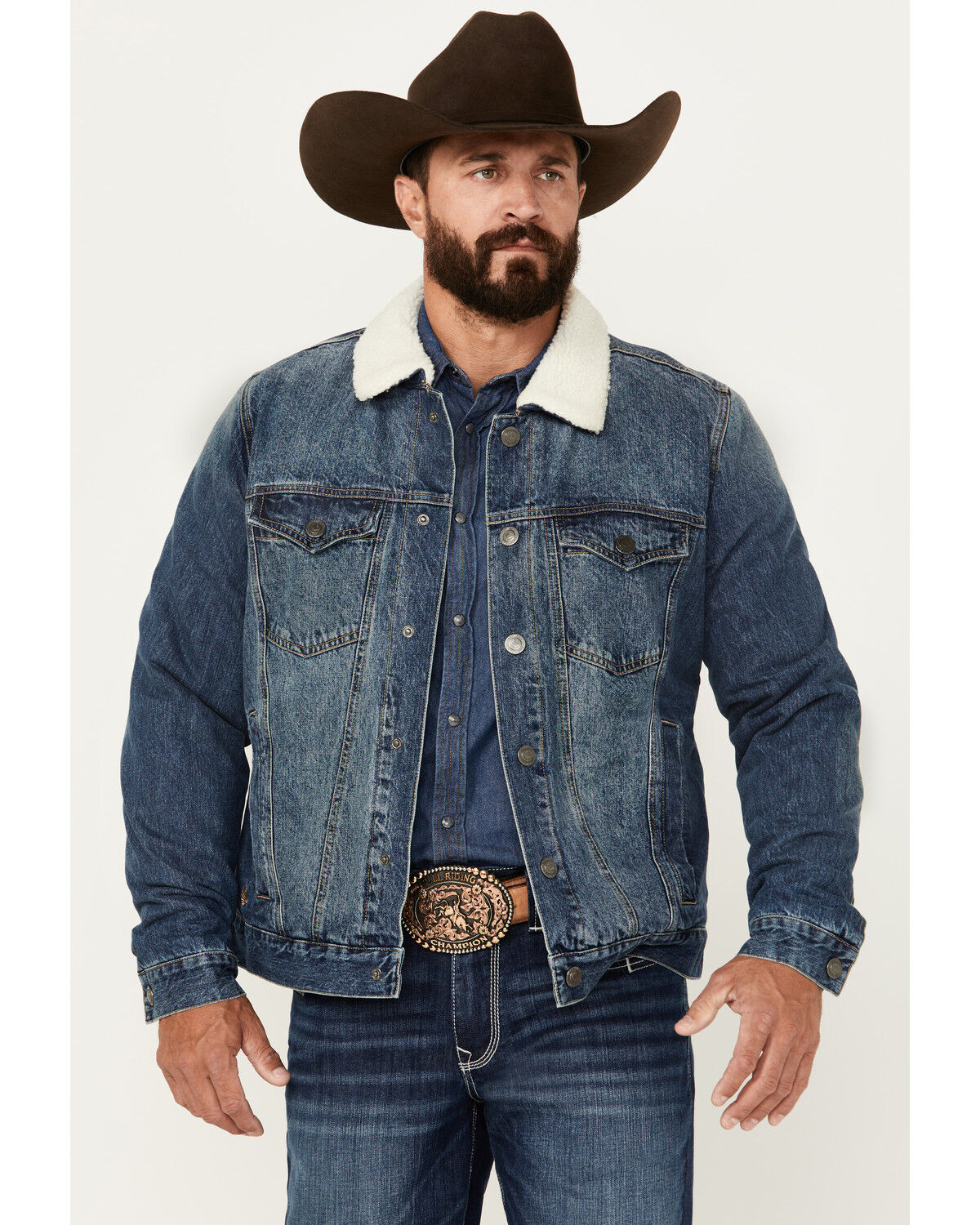 Image #1 - Cody James Men's Medium Wash Snap Sherpa Denim Jacket, Medium Wash, hi-res