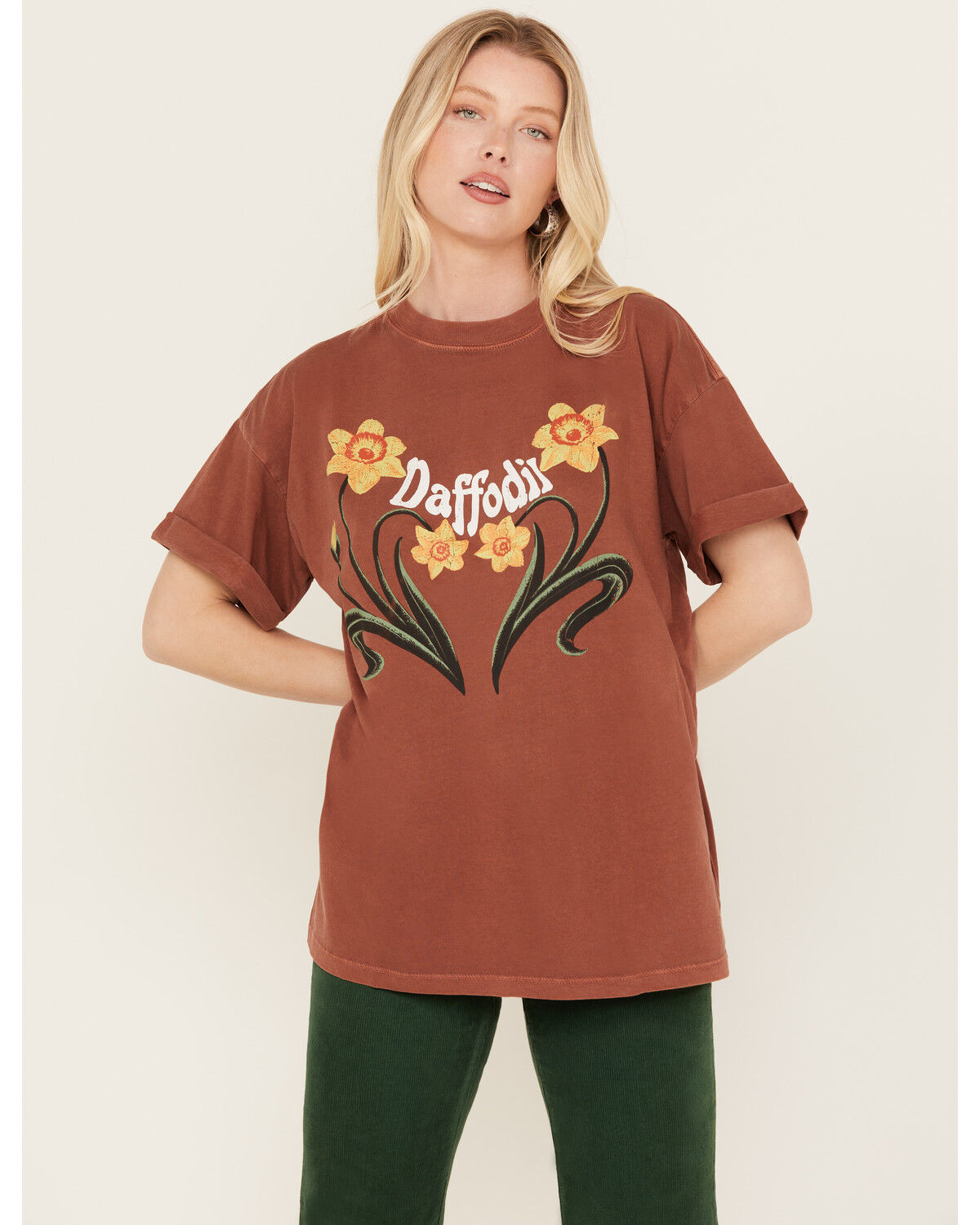 Image #1 - Girl Dangerous Women's Daffodil Floral Boyfriend Graphic Tee, Rust Copper, hi-res