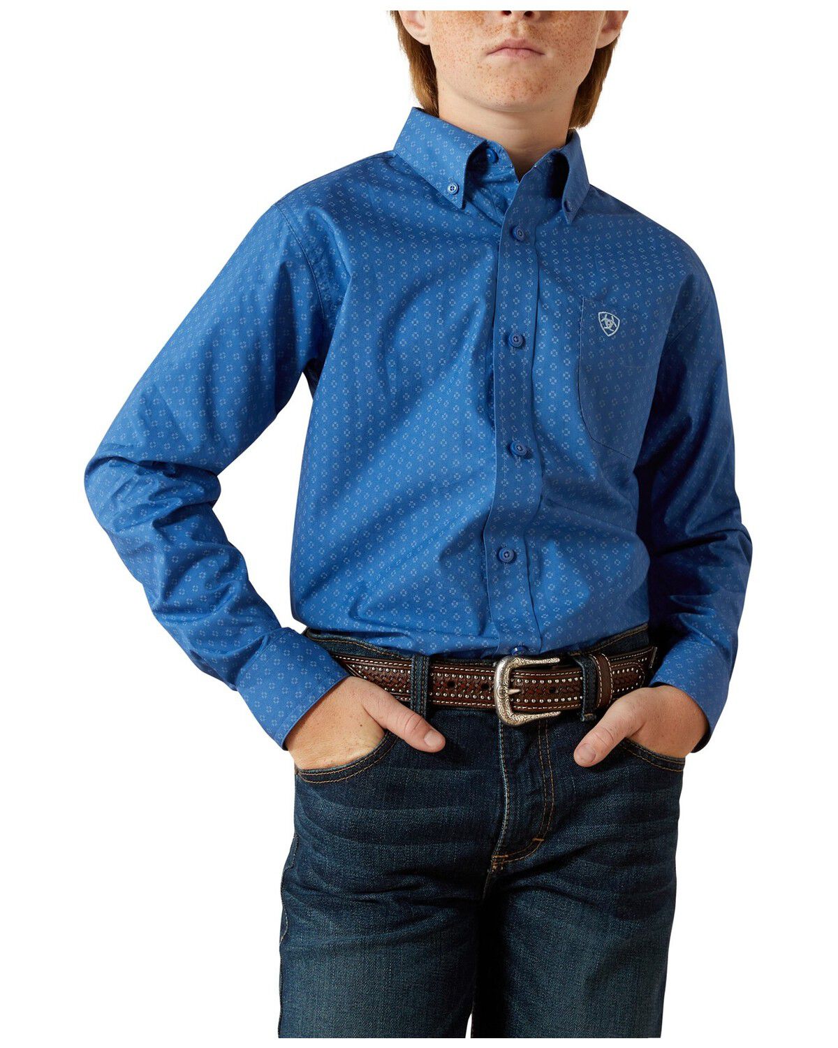 Ariat Boys' Geo Print Long Sleeve Button-Down Western Shirt, Blue, hi-res