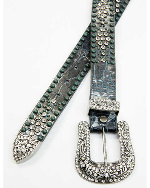Shyanne Women's Silver Distressed Croc Turquoise & Rhinestone Bling Belt, Grey, hi-res