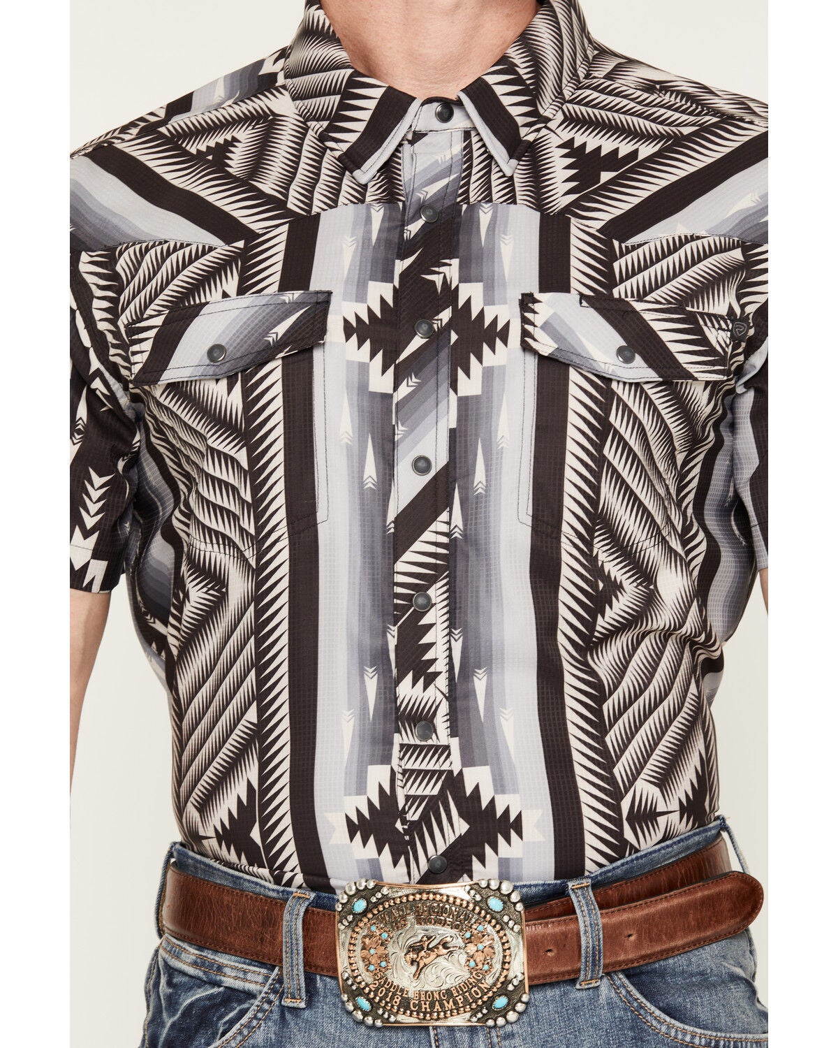 Image #3 - Rock & Roll Denim Men's TEK Southwestern Striped Short Sleeve Snap Performance Western Shirt, Black, hi-res