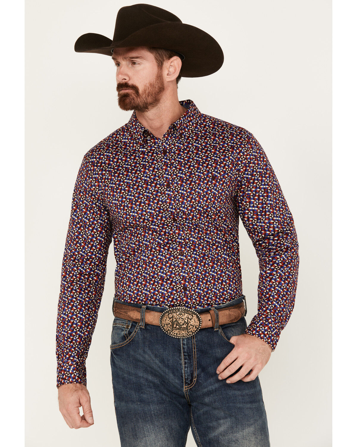 Image #1 - RANK 45® Men's Kendleton Geo Print Long SleeveStretch Button-Down Shirt, Wine, hi-res