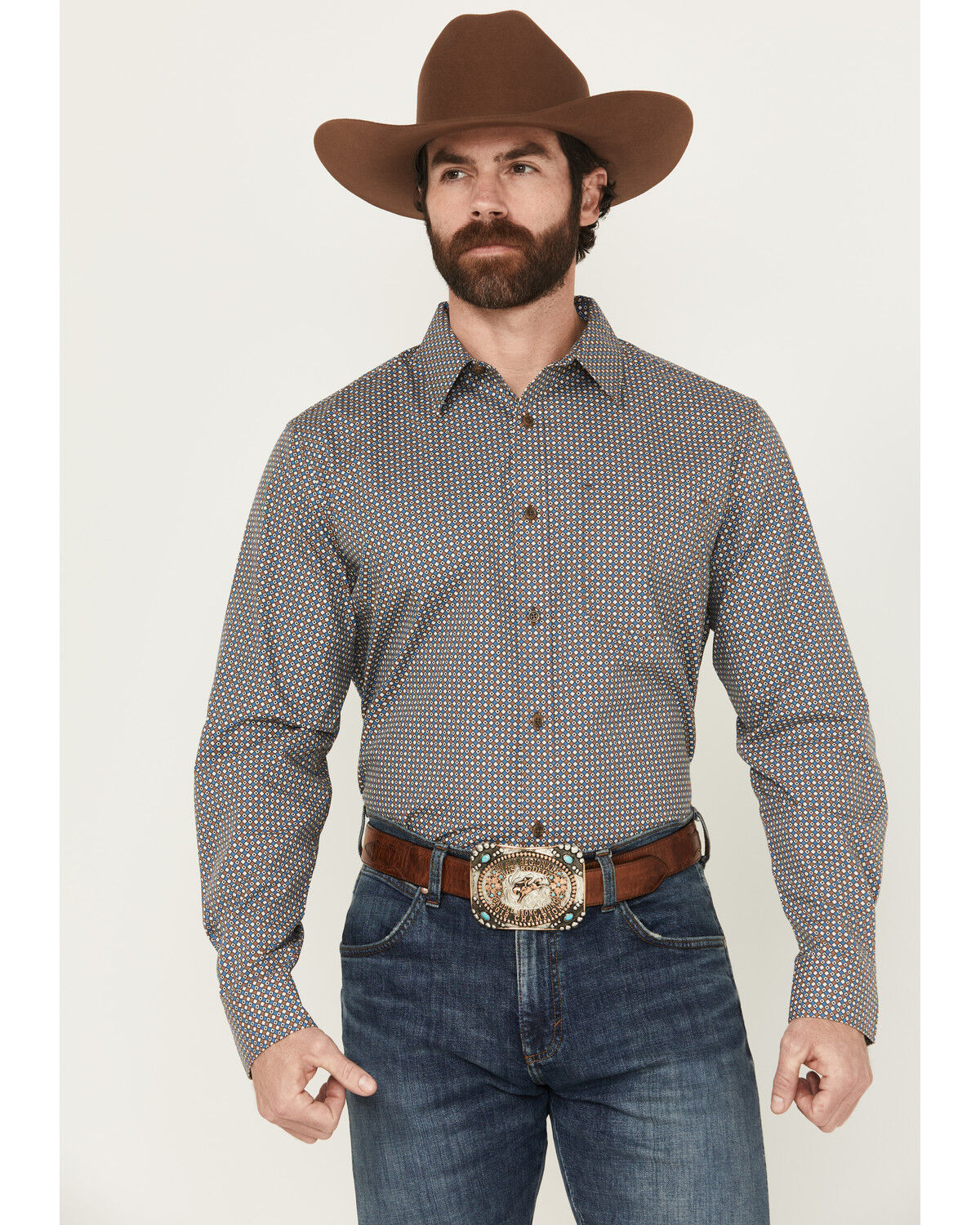 Image #1 - Gibson Trading Co Men's Orbit Geo Print Long Sleeve Button-Down Stretch Western Shirt, Blue, hi-res