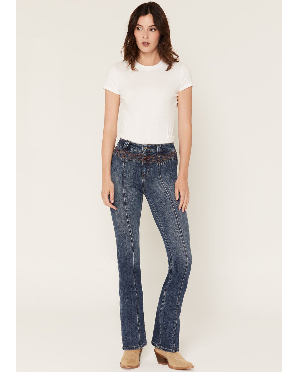 Image #1 - Idyllwind Women's Legend High Rise Eastview Bootstitch Yoke Flare Stretch Denim Jeans, Medium Dark Wash, hi-res