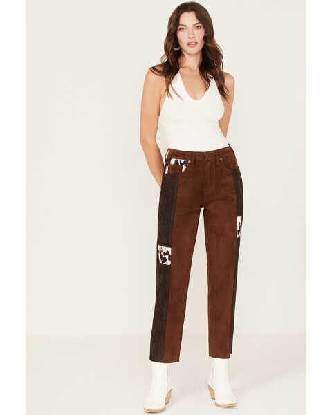 Rock & Roll Denim Women's Two Tone Color Block Faux Suede High Rise Straight Pants, Brown, hi-res