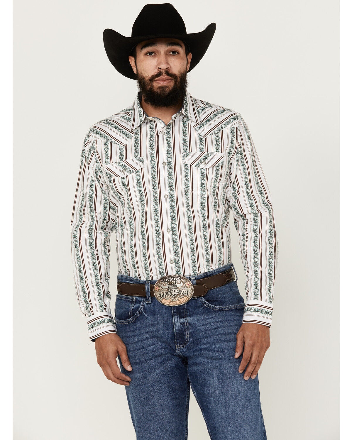 Moonshine Spirit&reg; Men's Manhattan Floral Striped Long Sleeve Snap Western Shirt, White, hi-res
