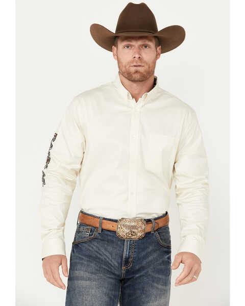 RANK 45® Men's Solid Twill Logo Long Sleeve Button-Down Western Shirt , Cream, hi-res