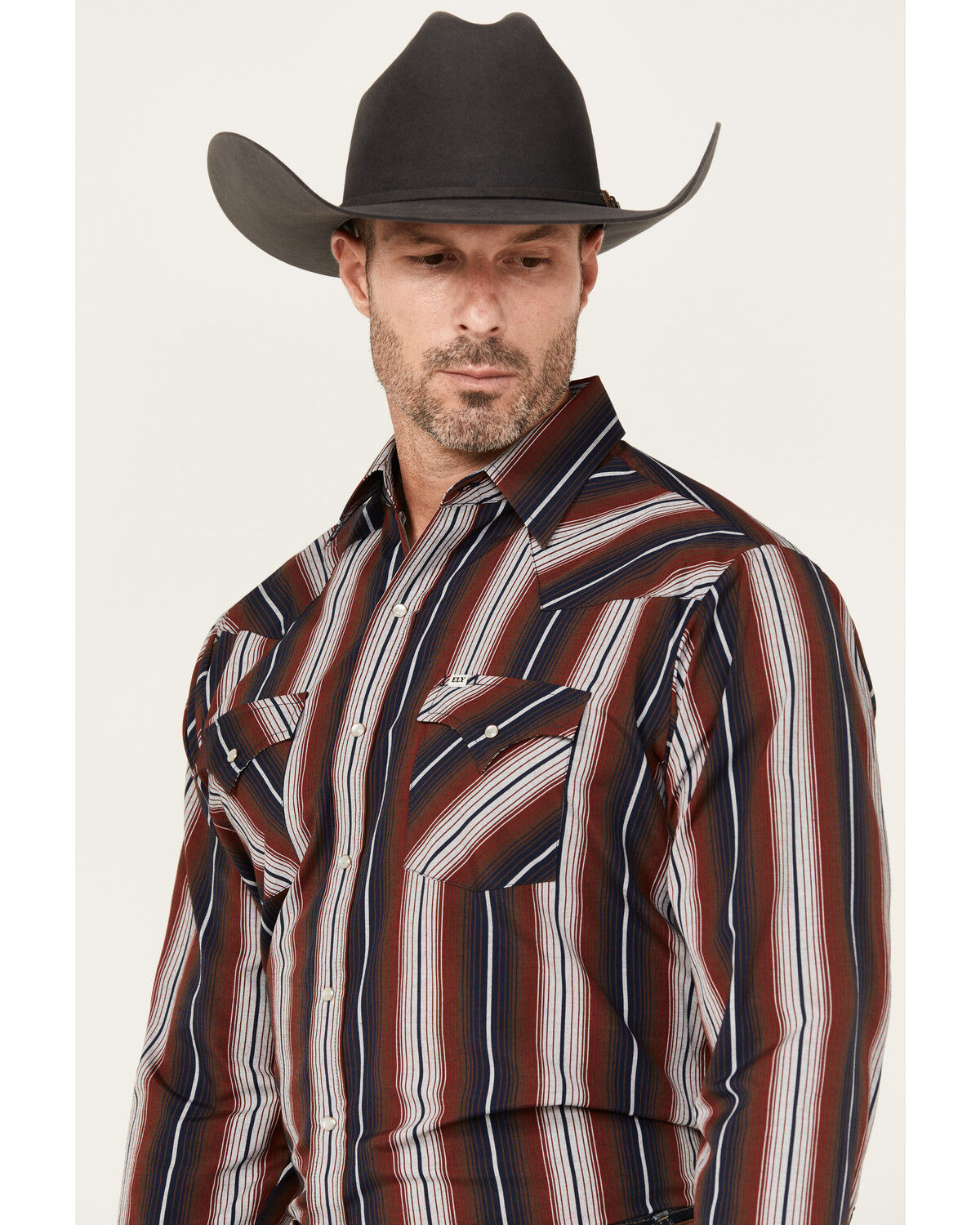 Image #2 - Ely Walker Men's Striped Long Sleeve Pearl Snap Western Shirt, Burgundy, hi-res