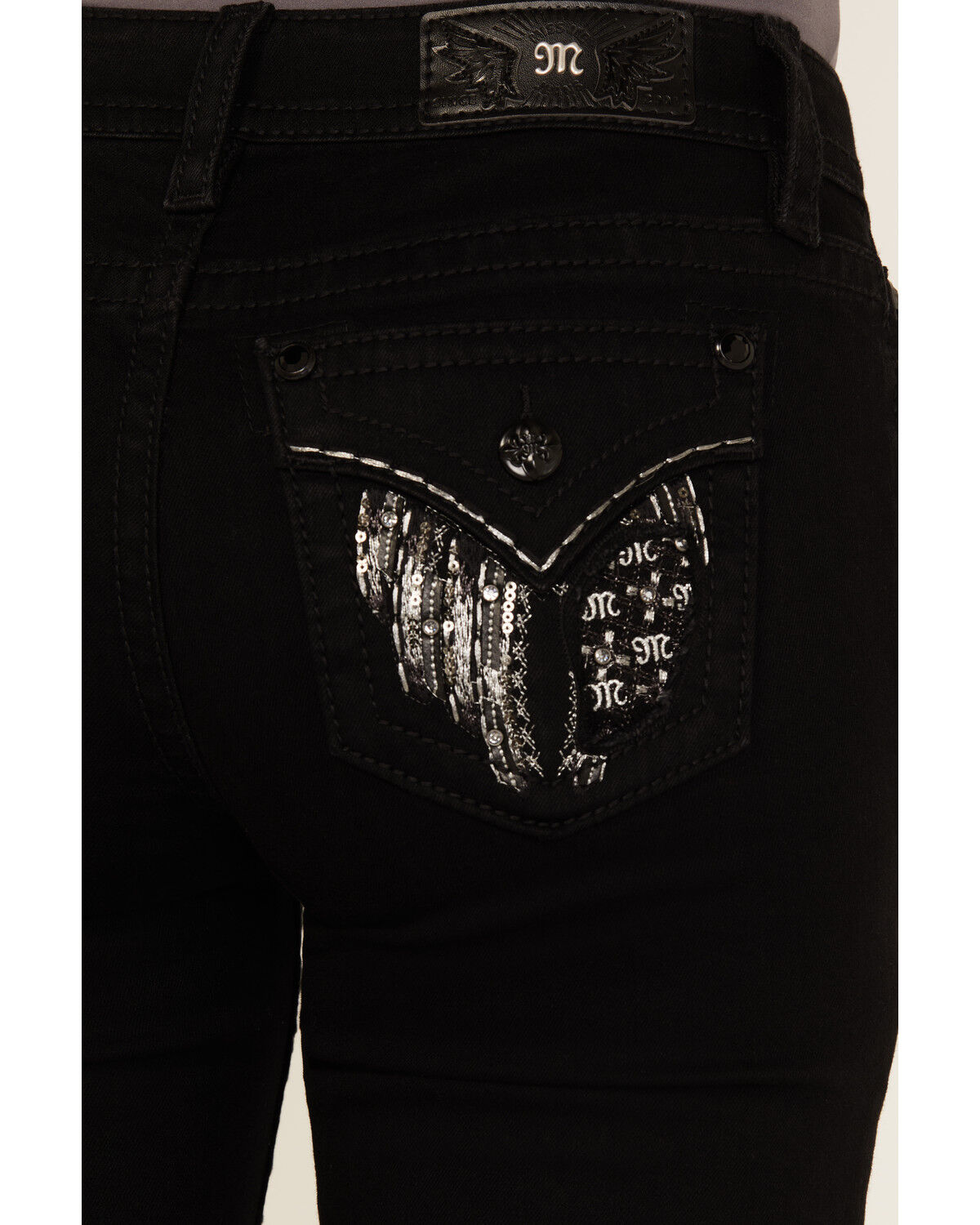Image #2 - Miss Me Women's Wing Embroidered Mid Rise Bootcut Stretch Denim Jeans, Black, hi-res