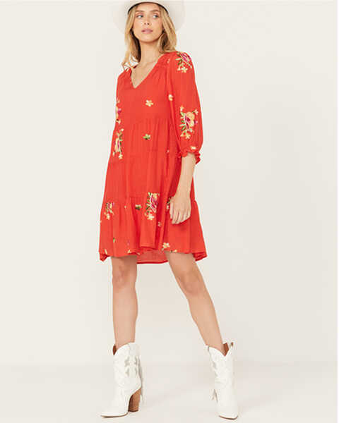 Image #1 - Olive Hill Women's Floral Embroidered Tiered Dress, Red, hi-res