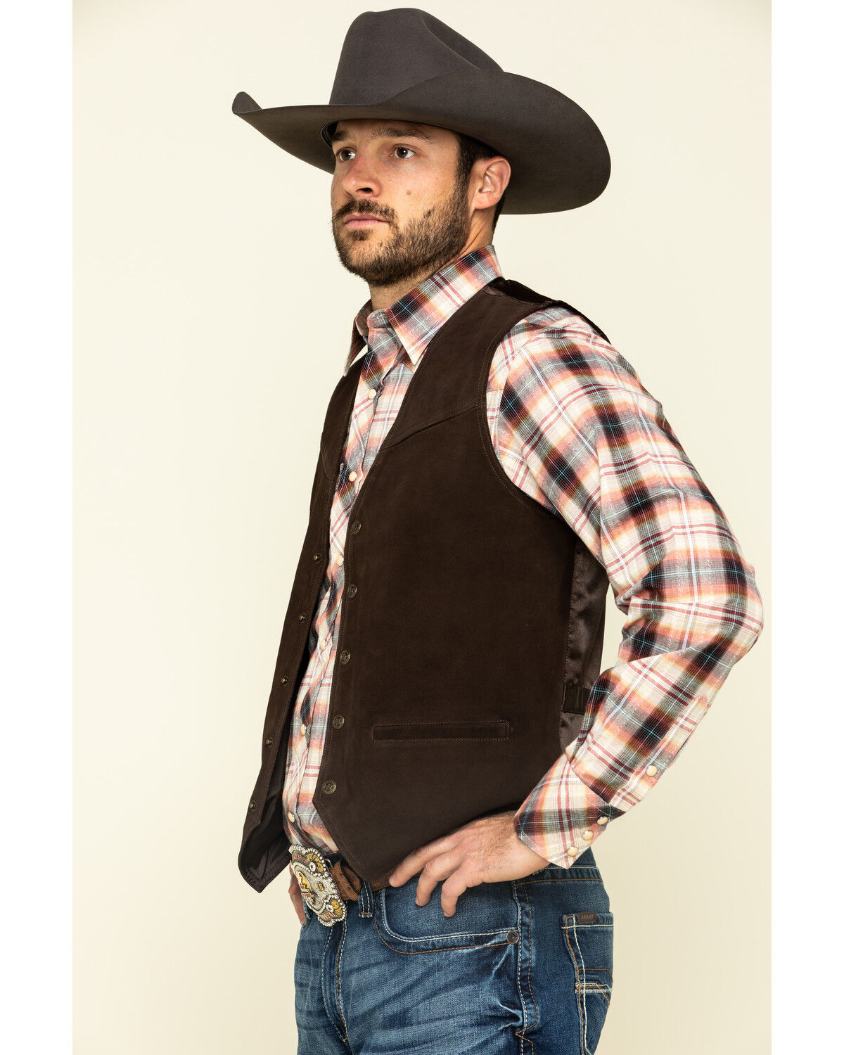 Image #4 - Roper Men's Suede Buckle Tie Vest, Brown, hi-res