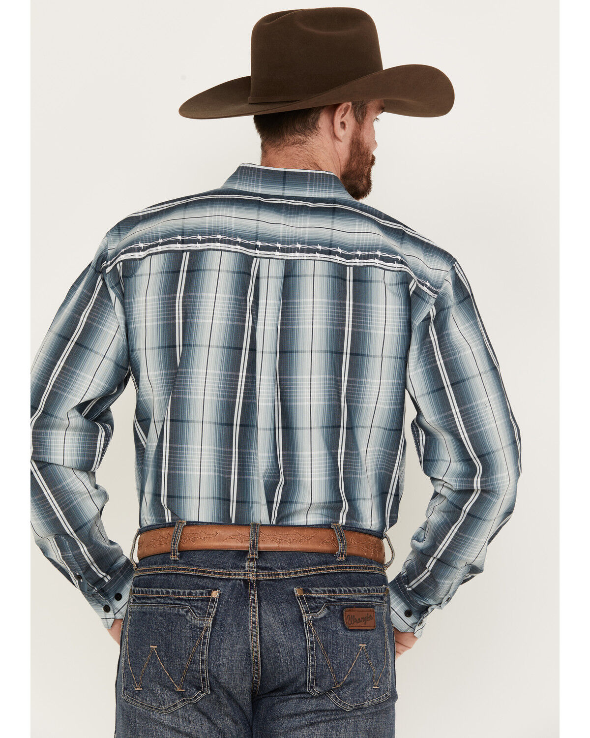Image #4 - Cowboy Hardware Men's Gradient Plaid Print Long Sleeve Button Down Western Shirt, Blue, hi-res