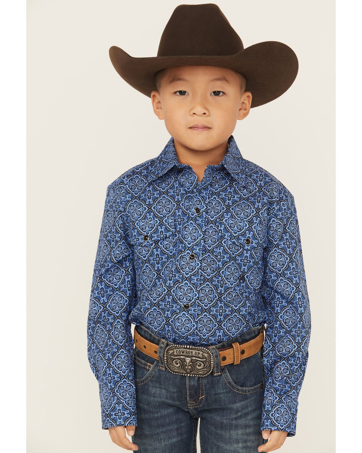 Image #1 - Roper Boys' Medallion Print Long Sleeve Snap Western Shirt, Blue, hi-res