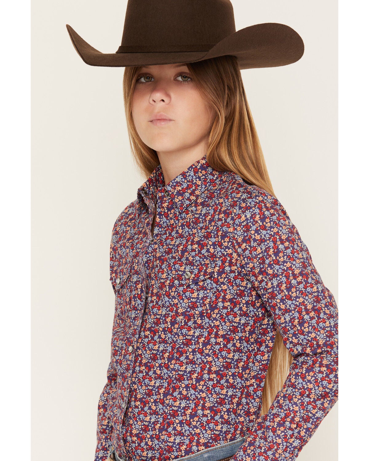 Image #2 - Cruel Girl Girl's Floral Print Long Sleeve Rhinestone Snap Western Shirt, Blue, hi-res