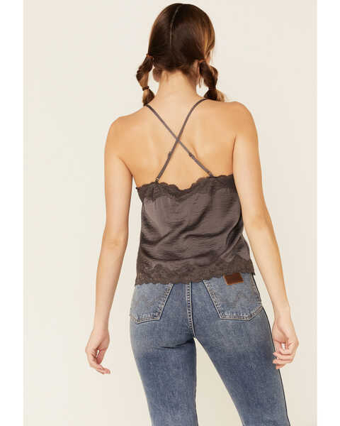 Image #4 - Wishlist Women's Satin Lace Button Front Tank Top, Charcoal, hi-res