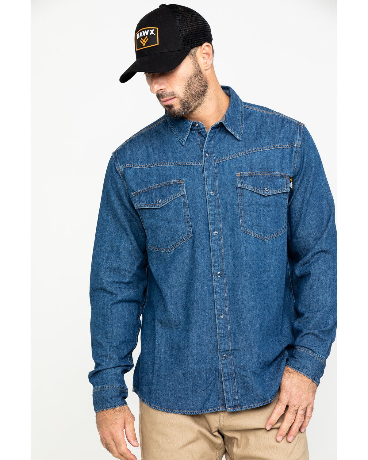 Hawx Men's Stonewashed Denim Snap Western Long Sleeve Work Shirt - Tall, Blue, hi-res