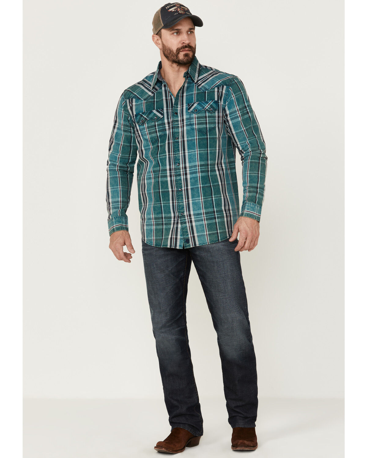 Image #2 - Moonshine Spirit Men's Marble Crackle Plaid Long Sleeve Snap Western Shirt, Navy, hi-res