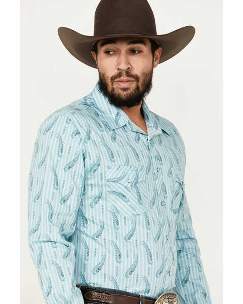 Image #2 - Rock & Roll Denim Men's Paisley Striped Print Long Sleeve Pearl Snap Stretch Western Shirt, Turquoise, hi-res