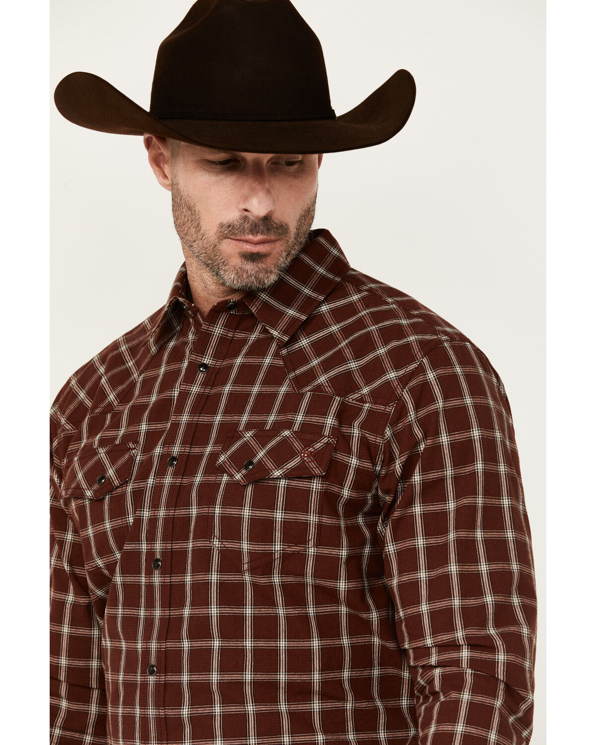 Image #2 - Blue Ranchwear Men's Elk Plaid Print Long Sleeve Snap Western Shirt, Dark Brown, hi-res