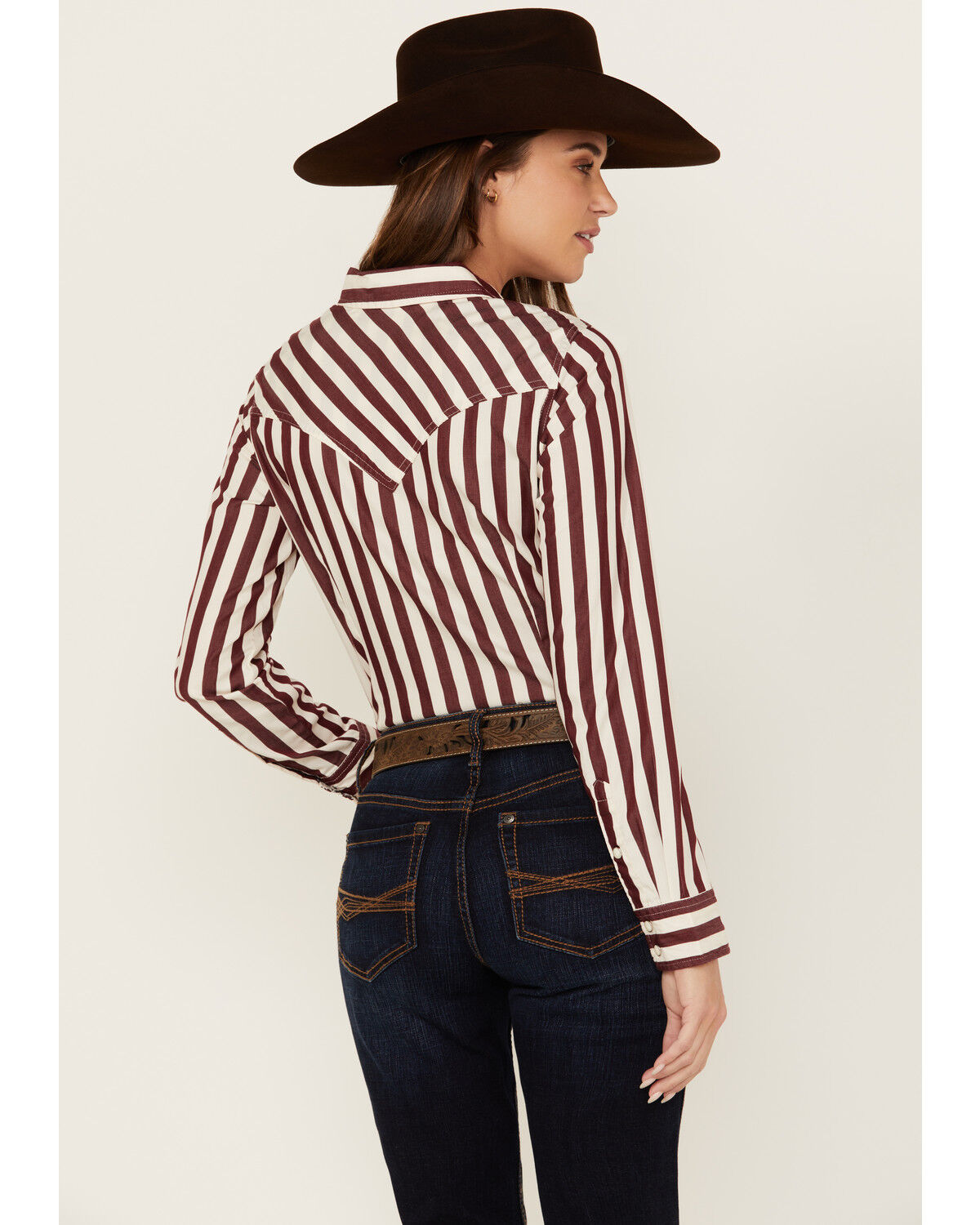 Image #5 - Wrangler Retro Women's Striped Long Sleeve Snap Western Shirt, Burgundy, hi-res