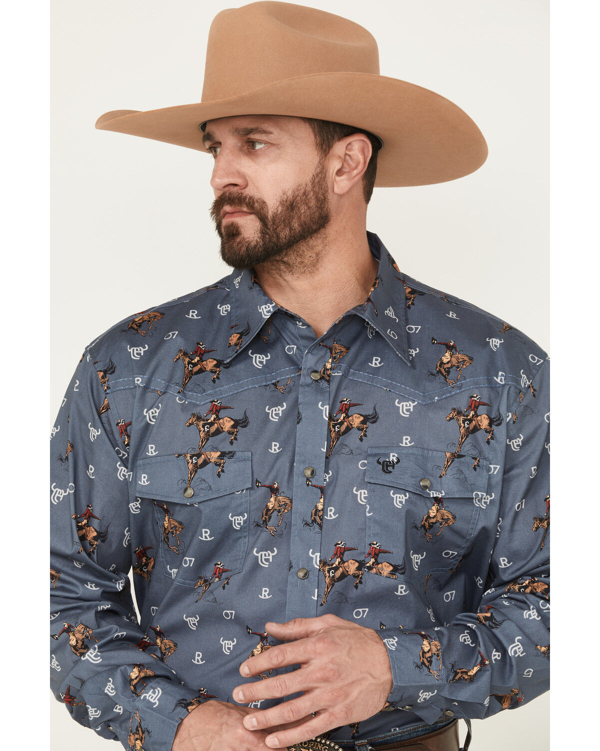 Image #2 - Cowboy Hardware Men's Vintage Bronco Print Long Sleeve Snap Stretch Western Shirt, Slate, hi-res
