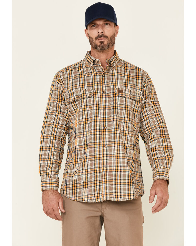 Wrangler Riggs Men's Grey & Yellow Small Plaid Long Sleeve Button-Down Work Shirt - Big , Grey, hi-res