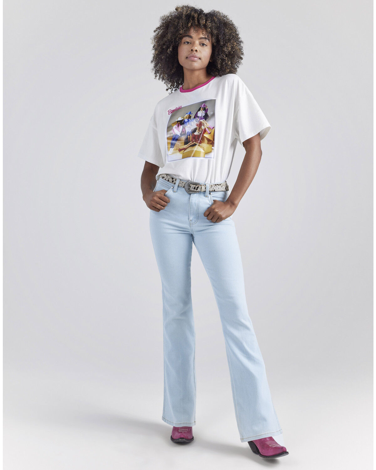 Image #2 - Wrangler® X Barbie™ Women's Light Wash High Rise Westward Pink Patch Stretch Bootcut Jeans, Light Wash, hi-res