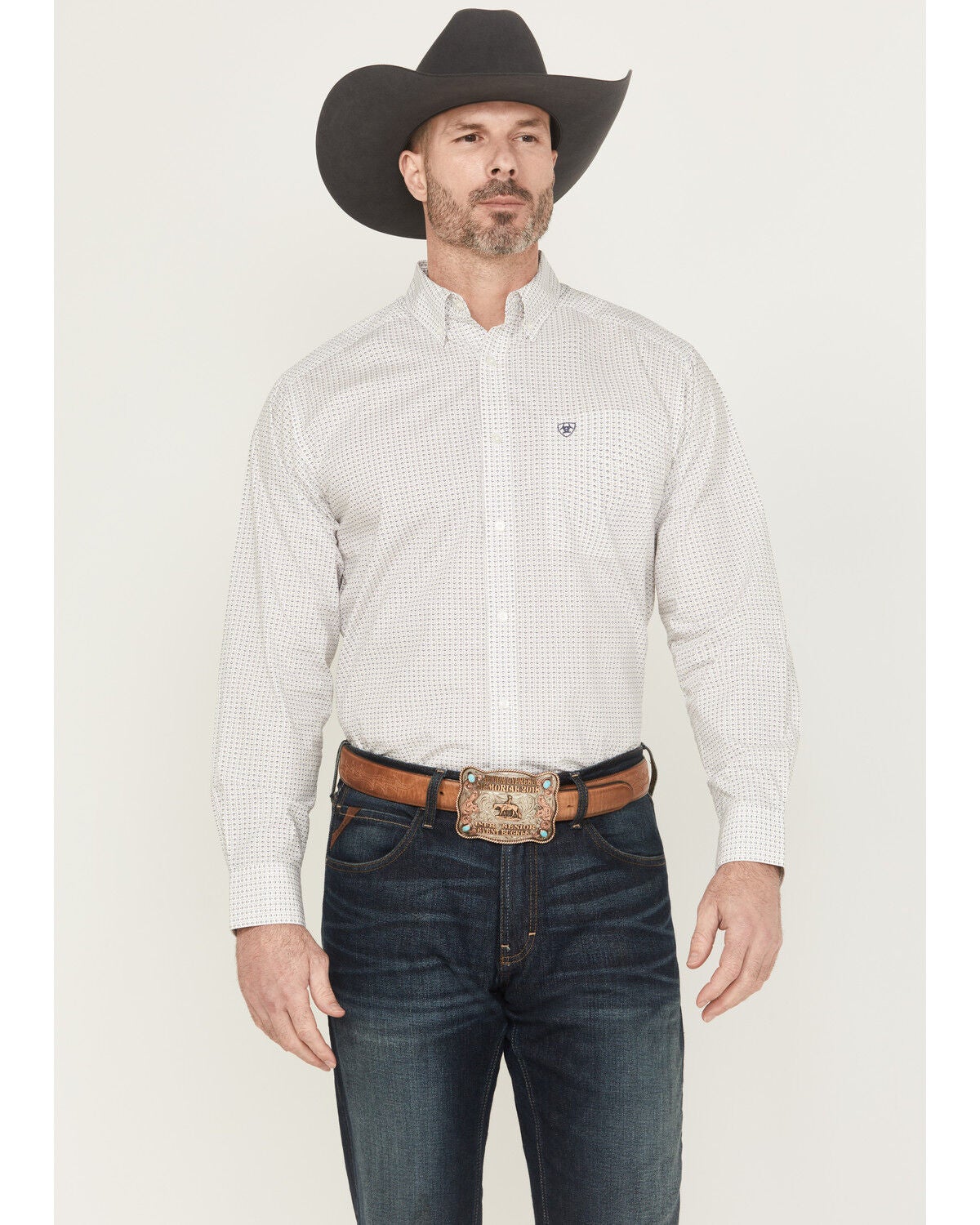 Ariat Men's Cesar Striped Geo Long Sleeve Button-Down Western Shirt, White, hi-res