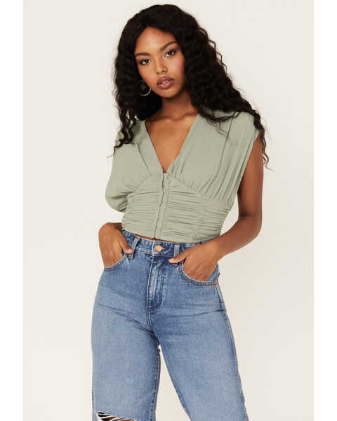 Image #1 - Free People Women's Aria Ruched Corset Crop Top, Olive, hi-res