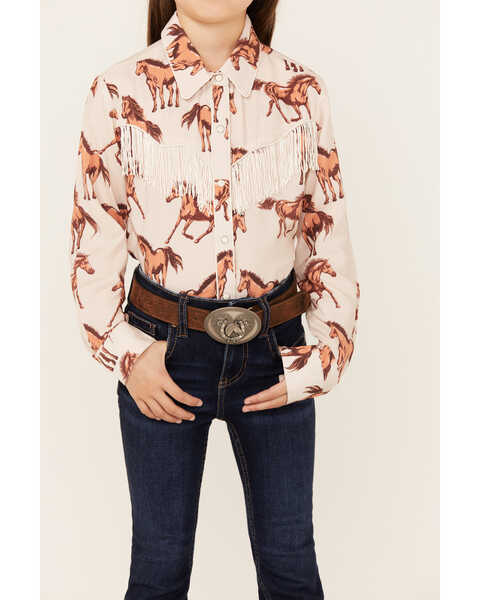 Image #3 - Panhandle Girls' Horse Print Fringe Long Sleeve Snap Western Shirt , Natural, hi-res