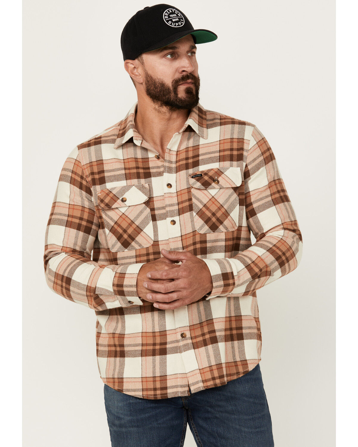 Image #1 - Brixton Men's Bowery Plaid Print Long Sleeve Button-Down Flannel Shirt, Cream, hi-res