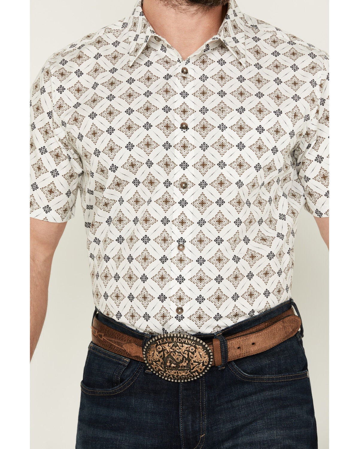 Image #3 - Gibson Men's Hubert Medallion Print Short Sleeve Button-Down Western Shirt, White, hi-res