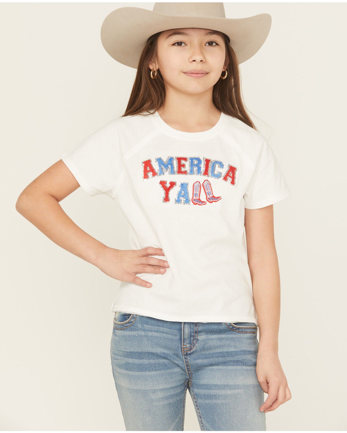 Blended Girls' America Y'all Sequin Short Sleeve Tee, White, hi-res