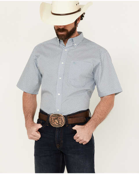 Image #1 - Ariat Men's Edgar Geo Print Short Sleeve Button-Down Western Shirt , Blue, hi-res