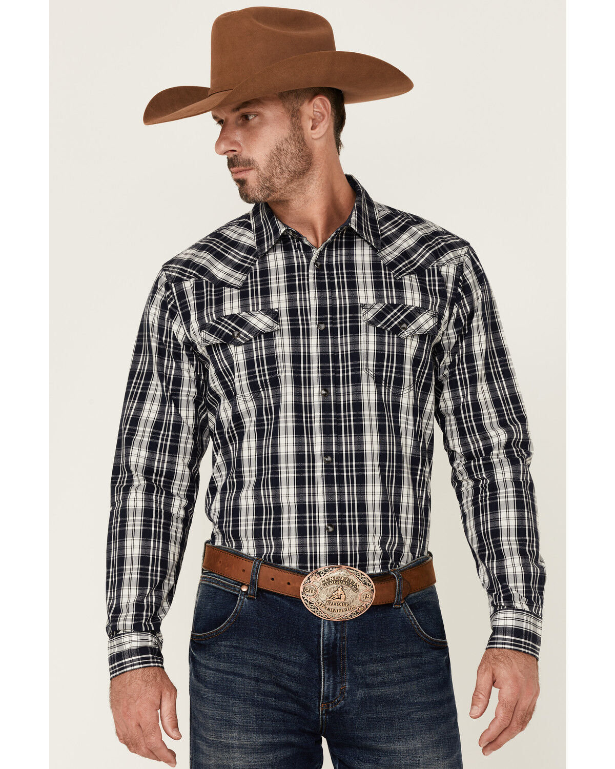 Image #1 - Moonshine Spirit Men's San Antomio Large Plaid Long Sleeve Snap Western Shirt, Navy, hi-res