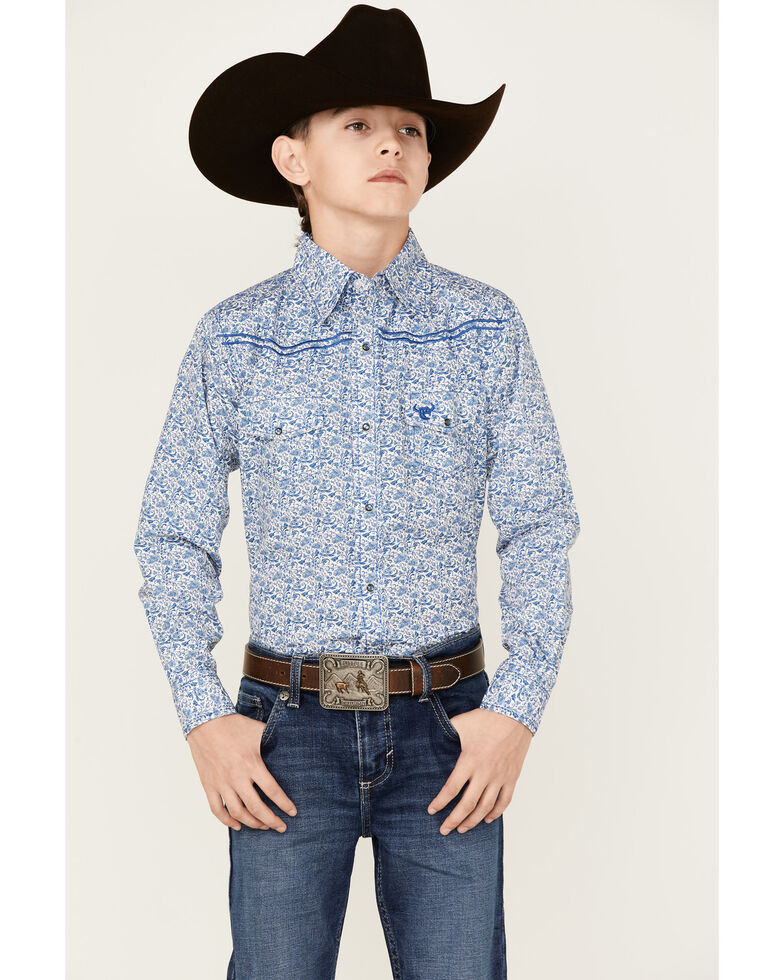 Cowboy Hardware Boys' Bramble Paisley Western Long Sleeve Shirt , Blue, hi-res