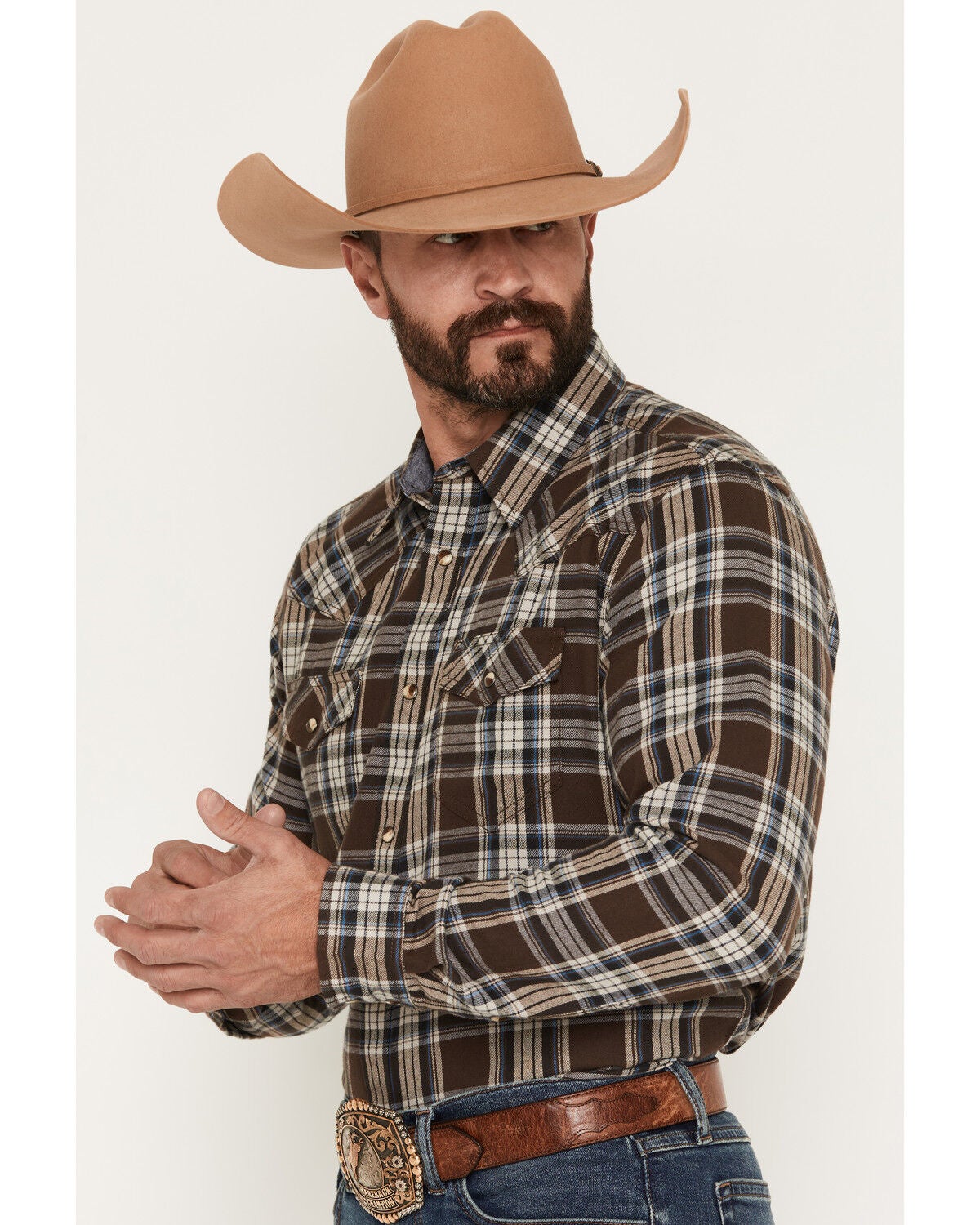 Image #2 - Cody James Men's Mud Pit Plaid Print Long Sleeve Snap Flannel Shirt, Brown, hi-res