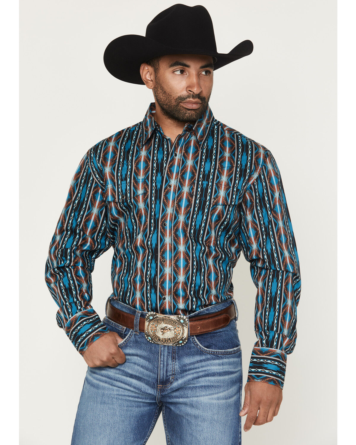 Image #1 - Wrangler Men's Checotah Southwestern Print Long Sleeve Snap Western Shirt, Turquoise, hi-res